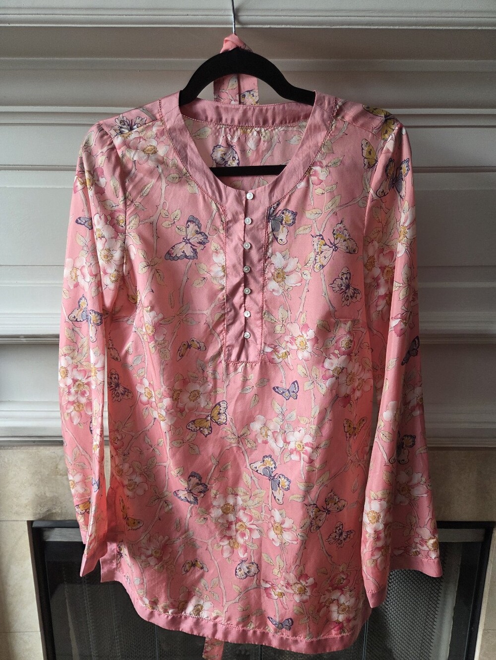 Lucky Brand 100% Silk Pink Floral Butterfly Tunic Top Boho With Belt Y2K Size S